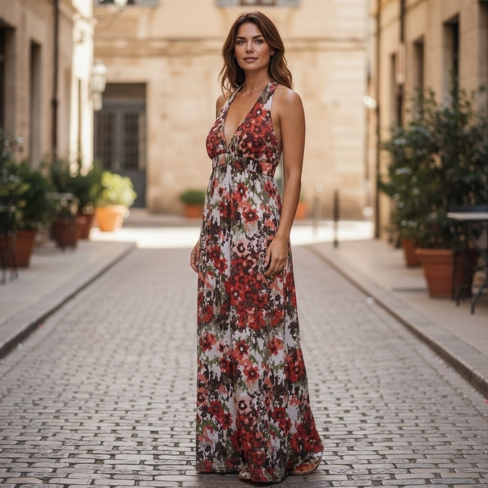 Floral Halter Maxi Dress - Red Floral
